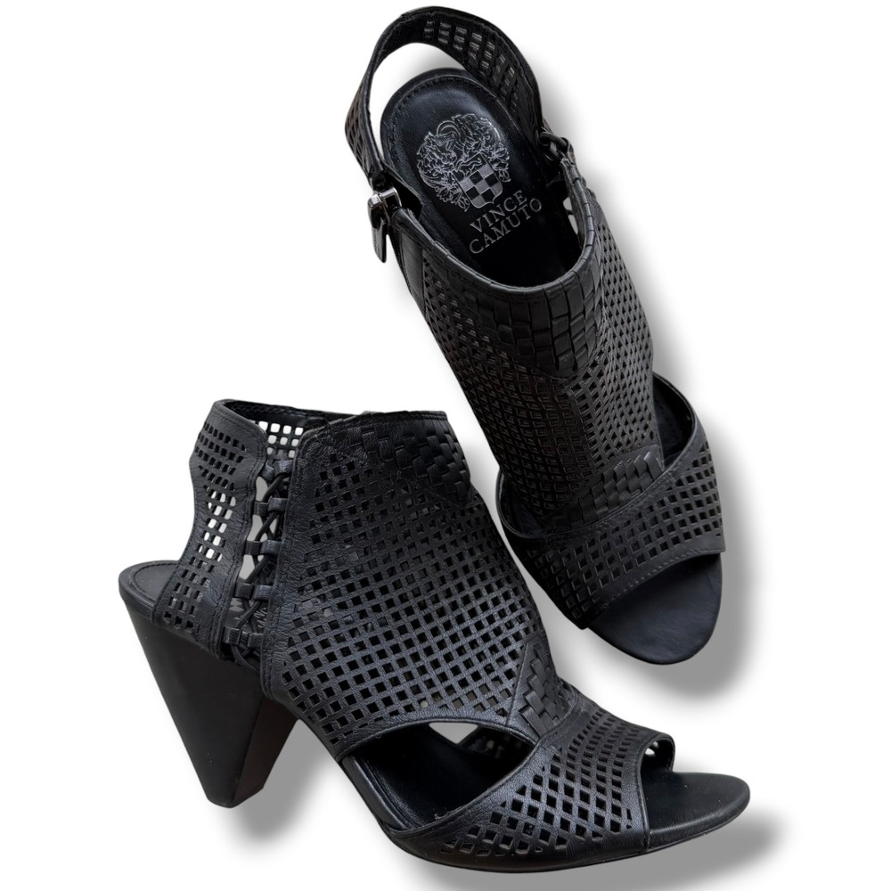 Vince Camuto Women 8.5M Black Leather Emmbell Laser-cut Cage Cone Heeled Sandals